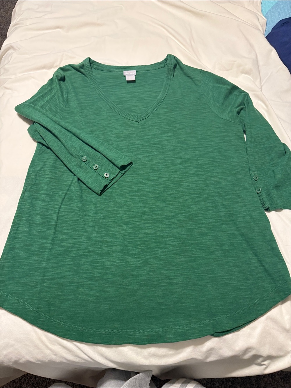 Chico's Green V-Neck Long Sleeve Tee with Button Cuffs